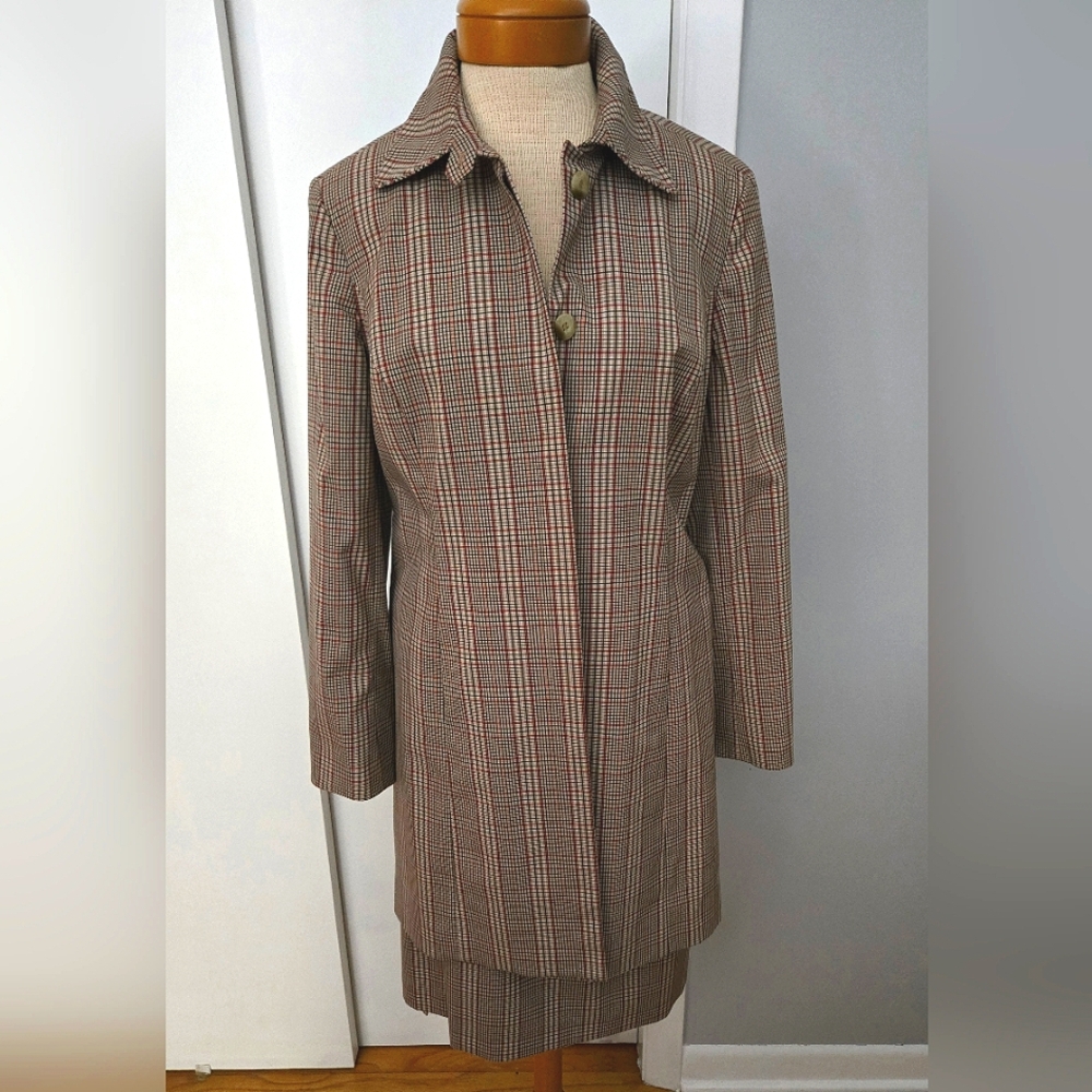 Vintage Jones Wear 2pc Jacket/Skirt Plaid Brown and Cream